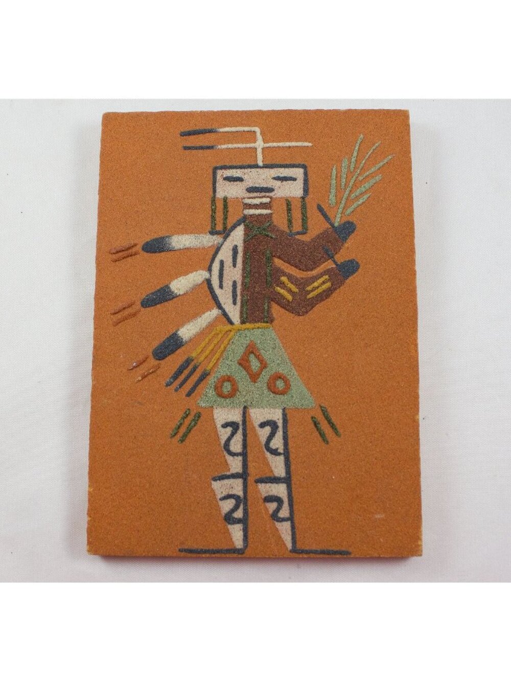 Navajo Sand Art Signed E J Mocasque Hunch Back Healing and Blessing People 5x7"